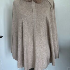 Renuar Caramel Knit Poncho w/ Faux Fur Pom Collar – Size M NWT